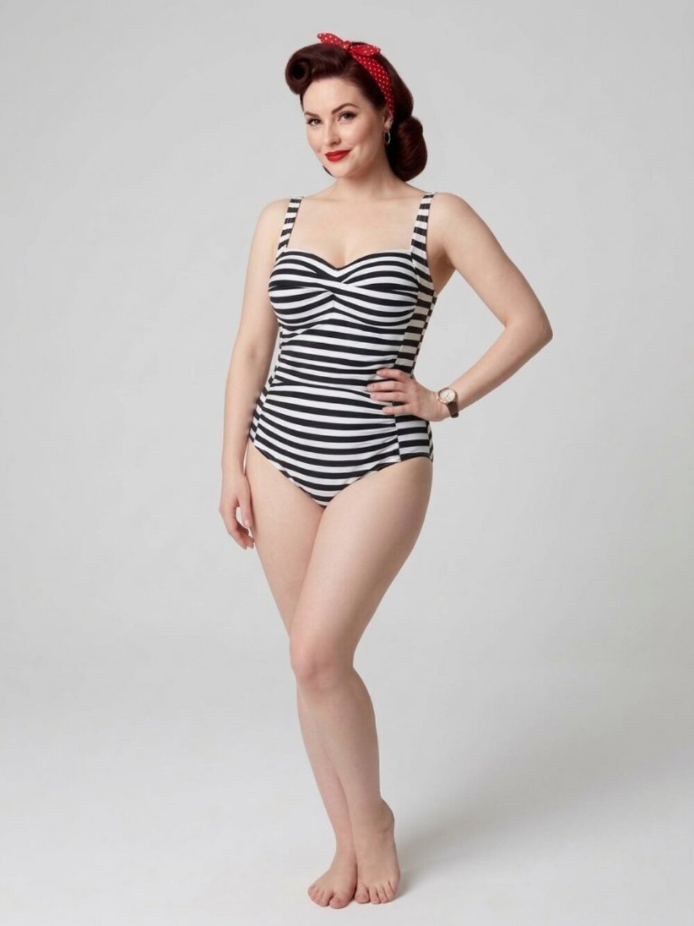 bond-eye Black & White Striped One-Piece Swimsuit Pin-Up Retro US 8 D/DD